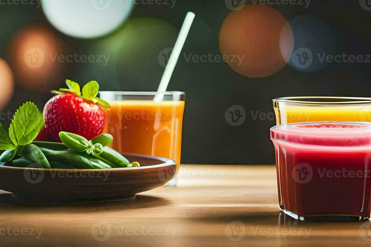 a table with two glasses of juice and a bowl of fruit. AI-Generated photo