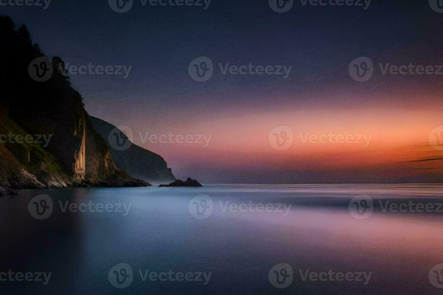 un largo exposición fotografía de el Oceano a puesta de sol. generado por ai foto