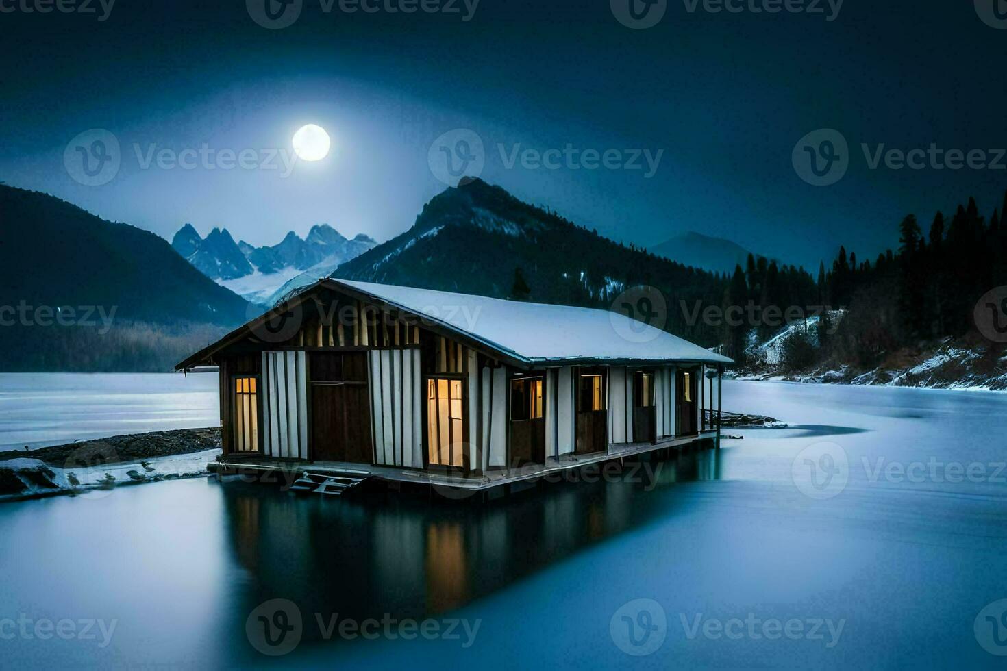 un cabina en el nieve a noche con un lleno Luna. generado por ai foto