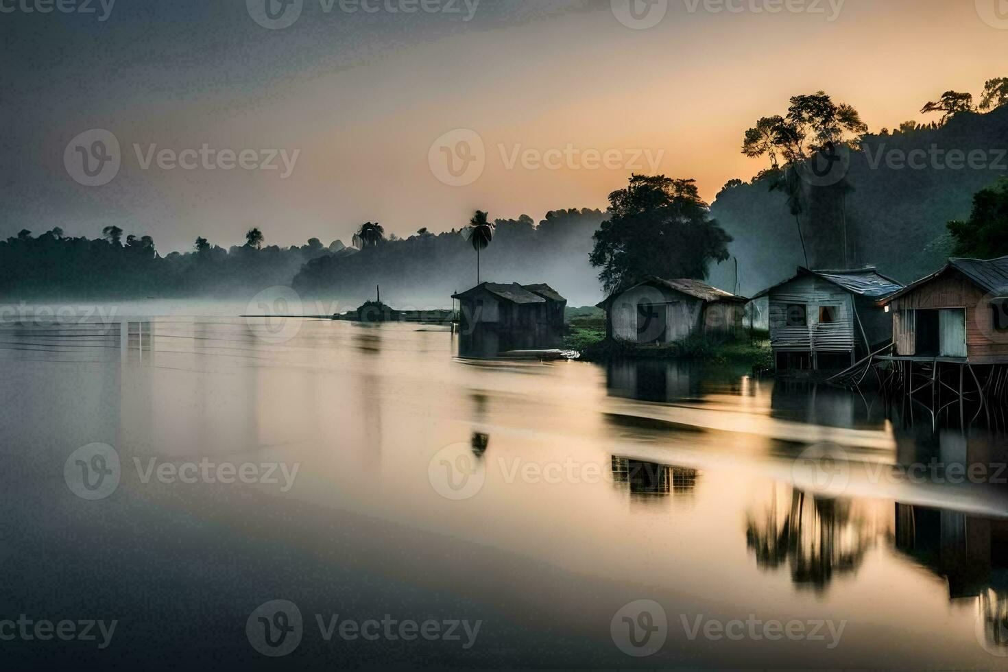 a house on the water at sunrise with a foggy sky. AI-Generated photo