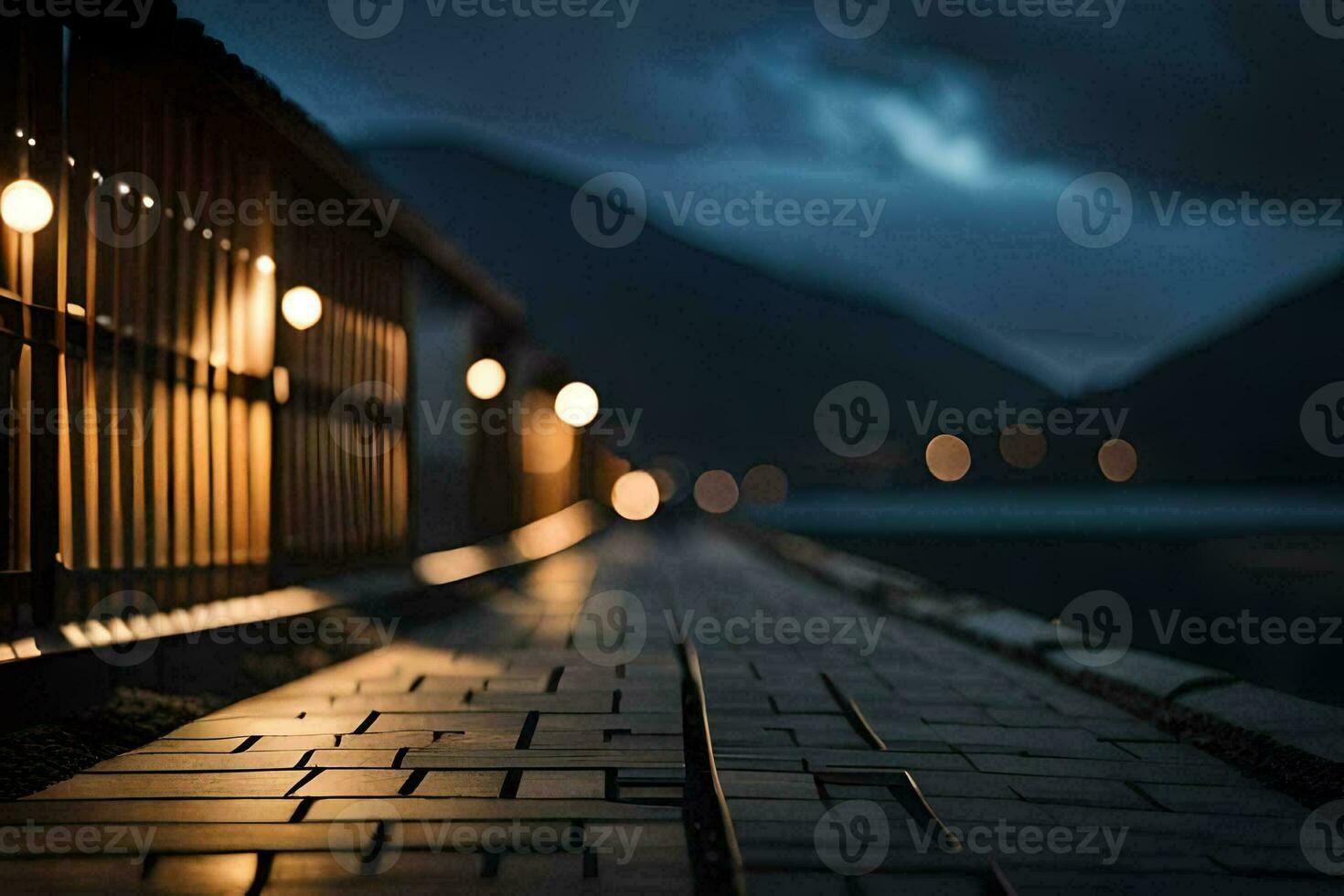 a long walkway with lights on it at night. AI-Generated photo