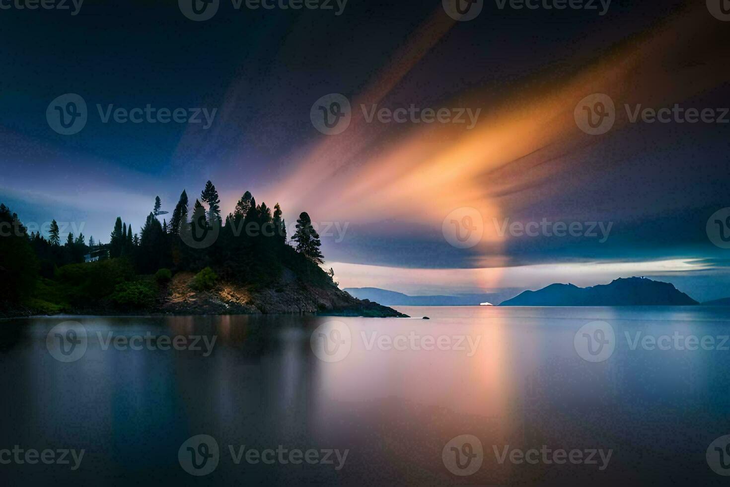 a long exposure photograph of a sunset over a lake. AI-Generated photo