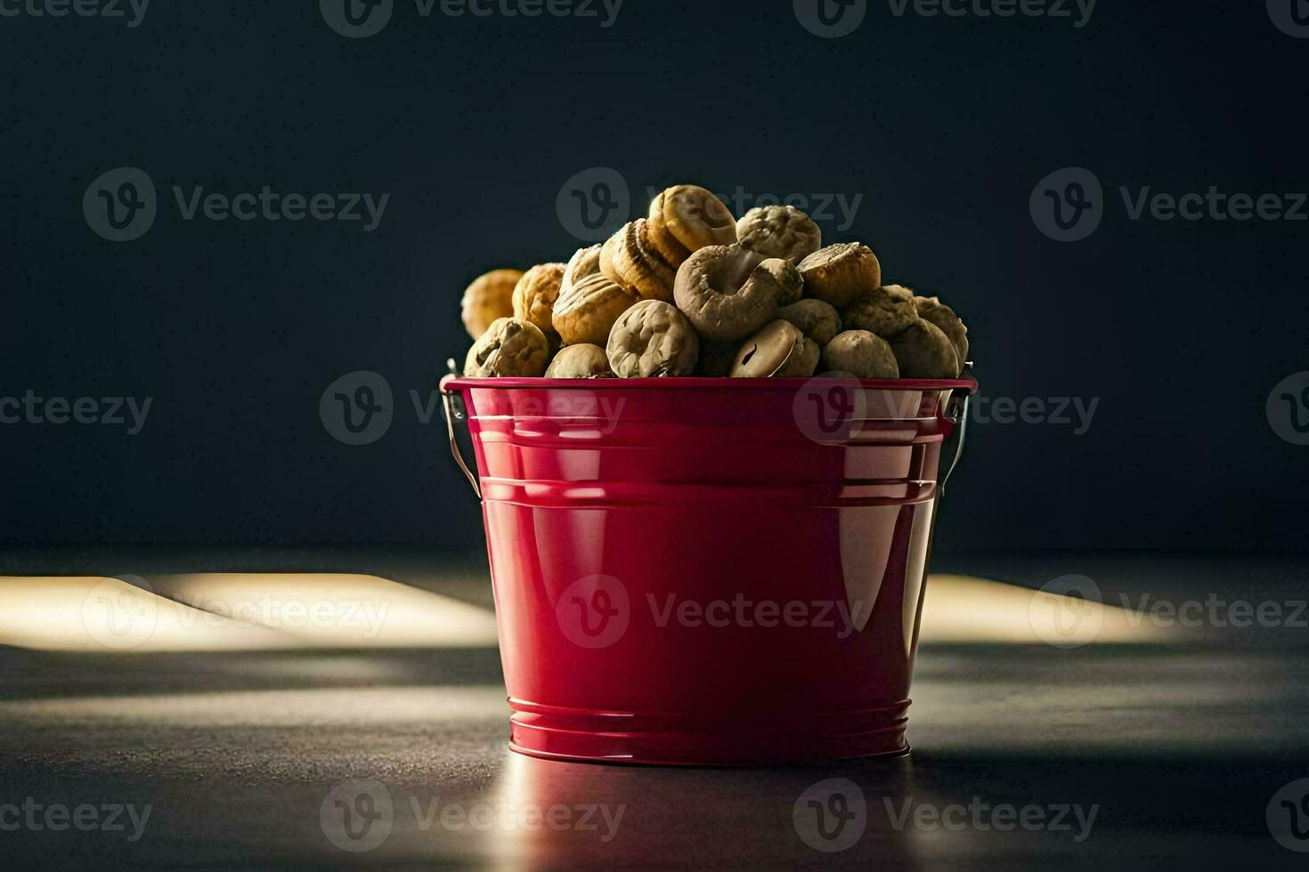 a red bucket filled with peanuts on a table. AI-Generated photo