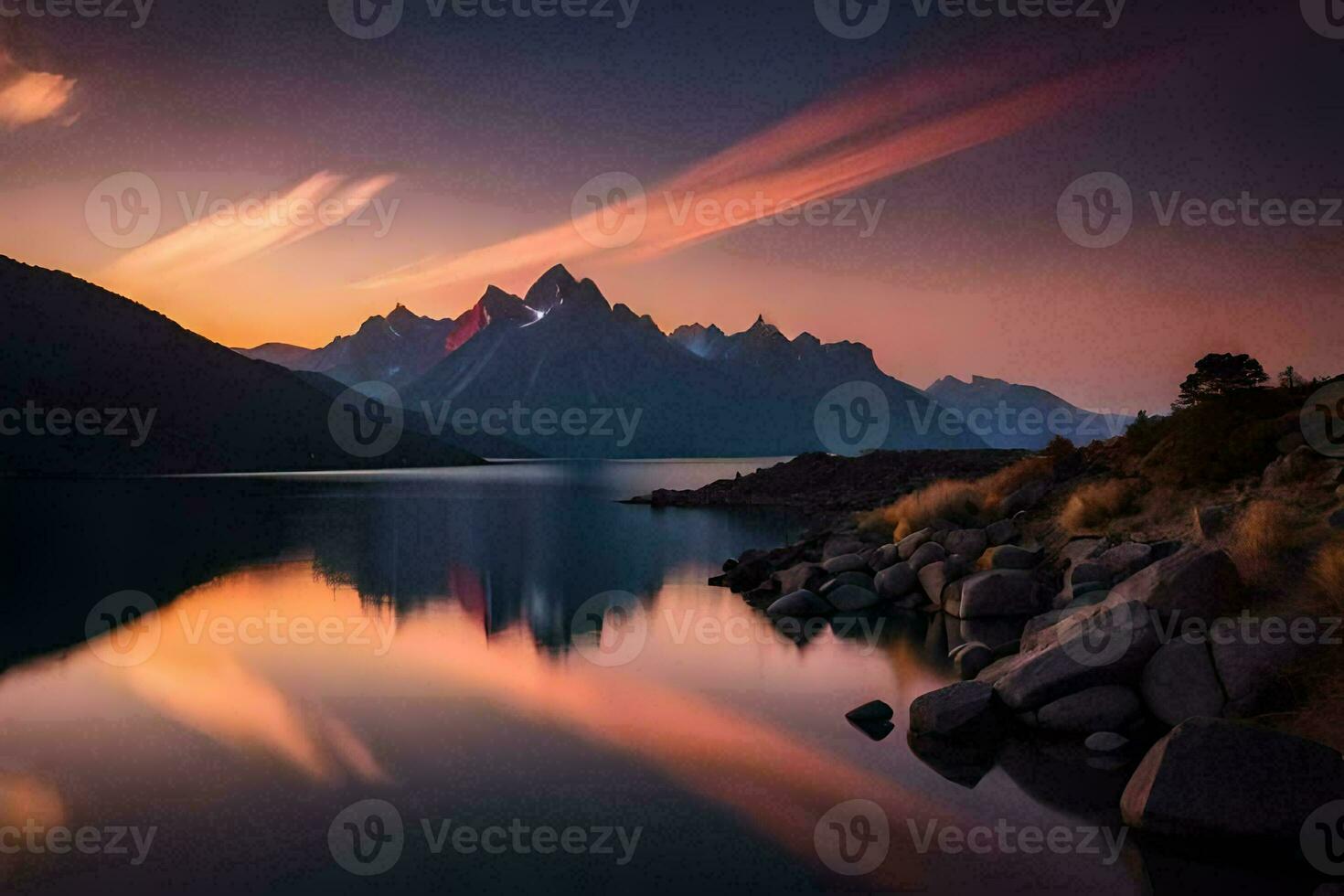 el montañas son reflejado en el agua a puesta de sol. generado por ai foto