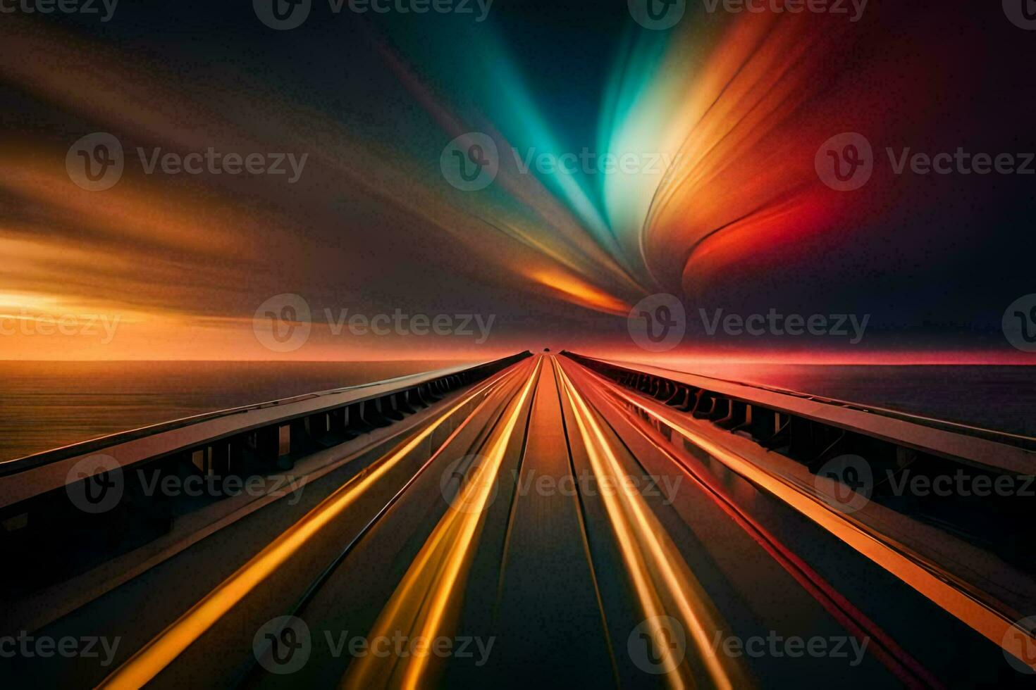 a long exposure photograph of a bridge with light trails. AI-Generated photo