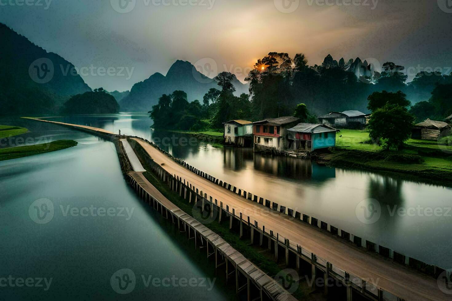 a long wooden bridge crosses over a river in the mountains. AI-Generated photo