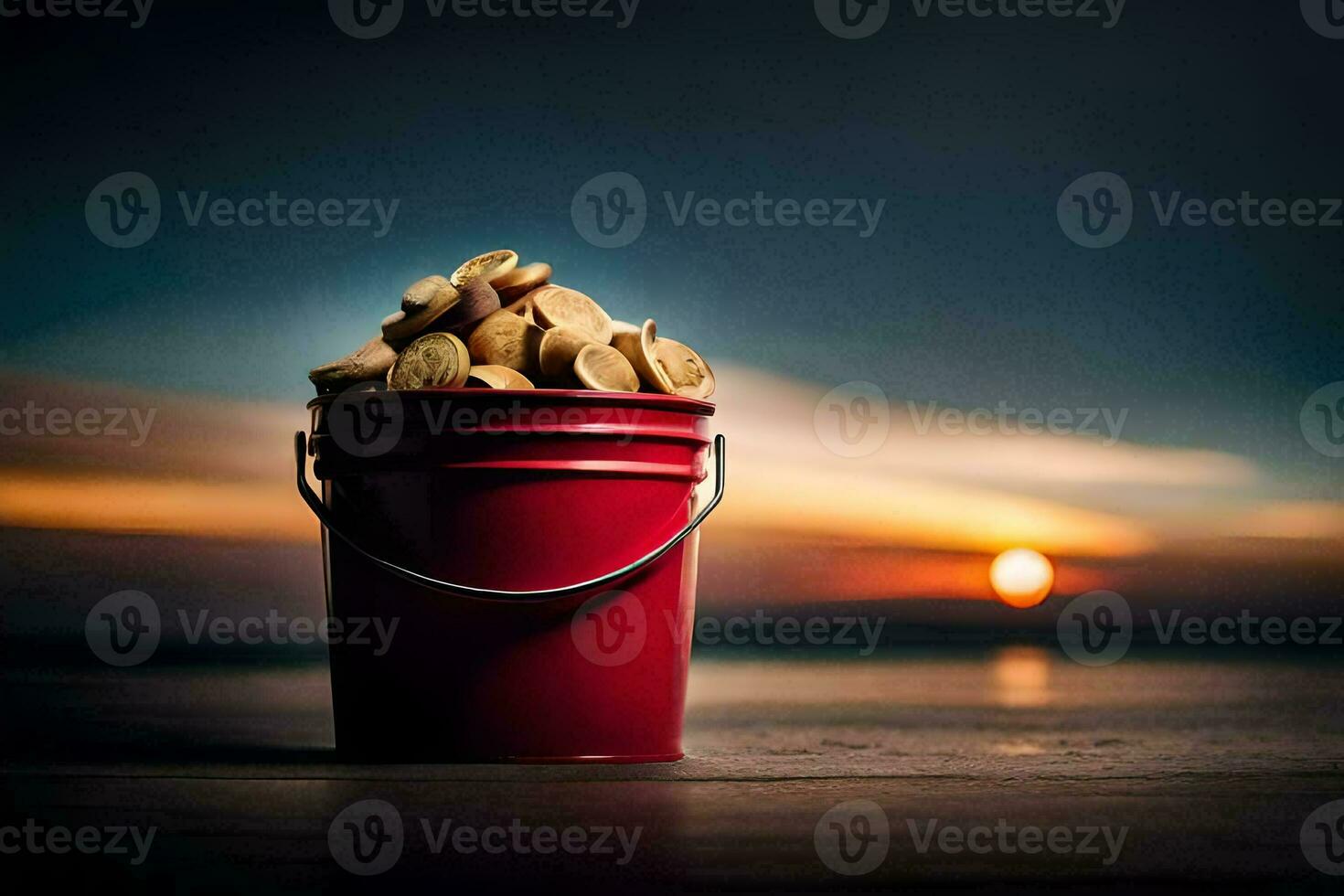 a bucket filled with nuts on the beach at sunset. AI-Generated photo