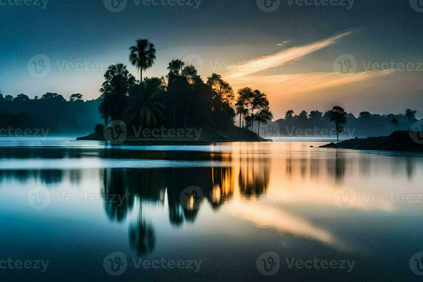 a lake with palm trees and a sunset. AI-Generated photo