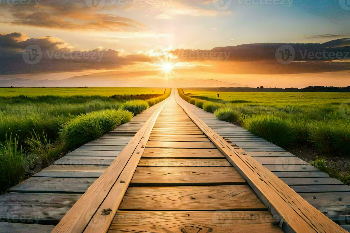 a wooden path leads to the sunset. AI-Generated photo