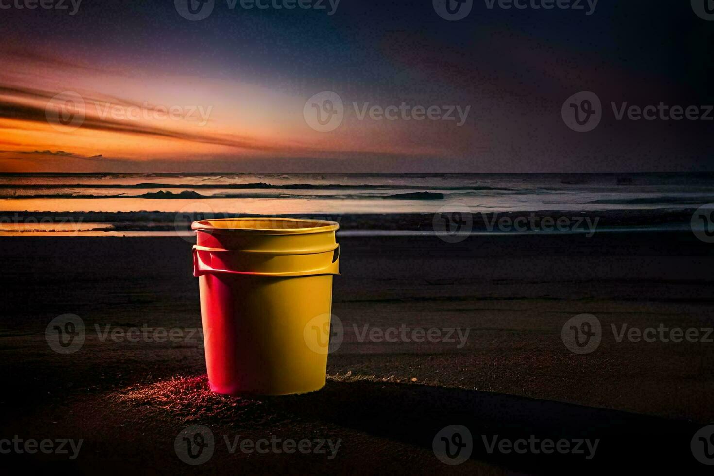 a yellow bucket sits on the beach at sunset. AI-Generated photo