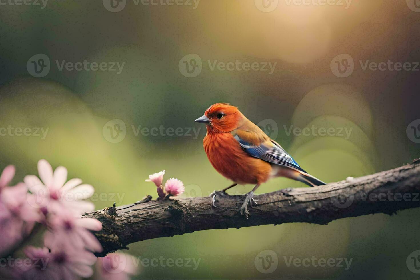 a small bird is sitting on a branch with flowers. AI-Generated photo