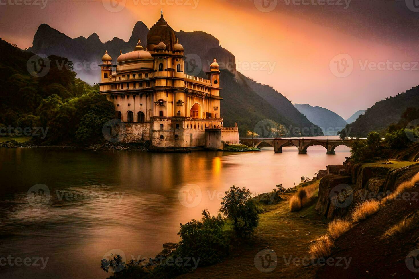 a beautiful castle sits on the side of a river. AI-Generated photo