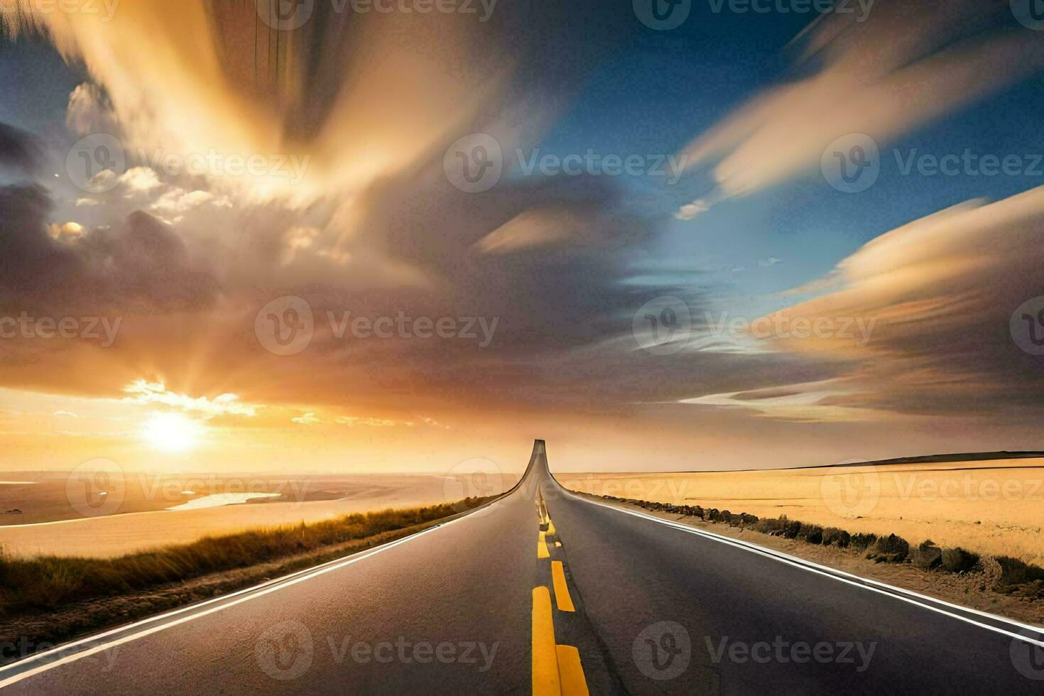 un largo la carretera con un puesta de sol en el antecedentes. generado por ai foto