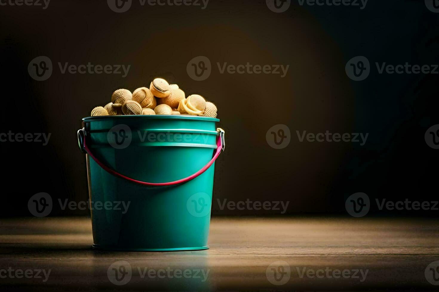 a bucket filled with peanuts on a wooden table. AI-Generated photo