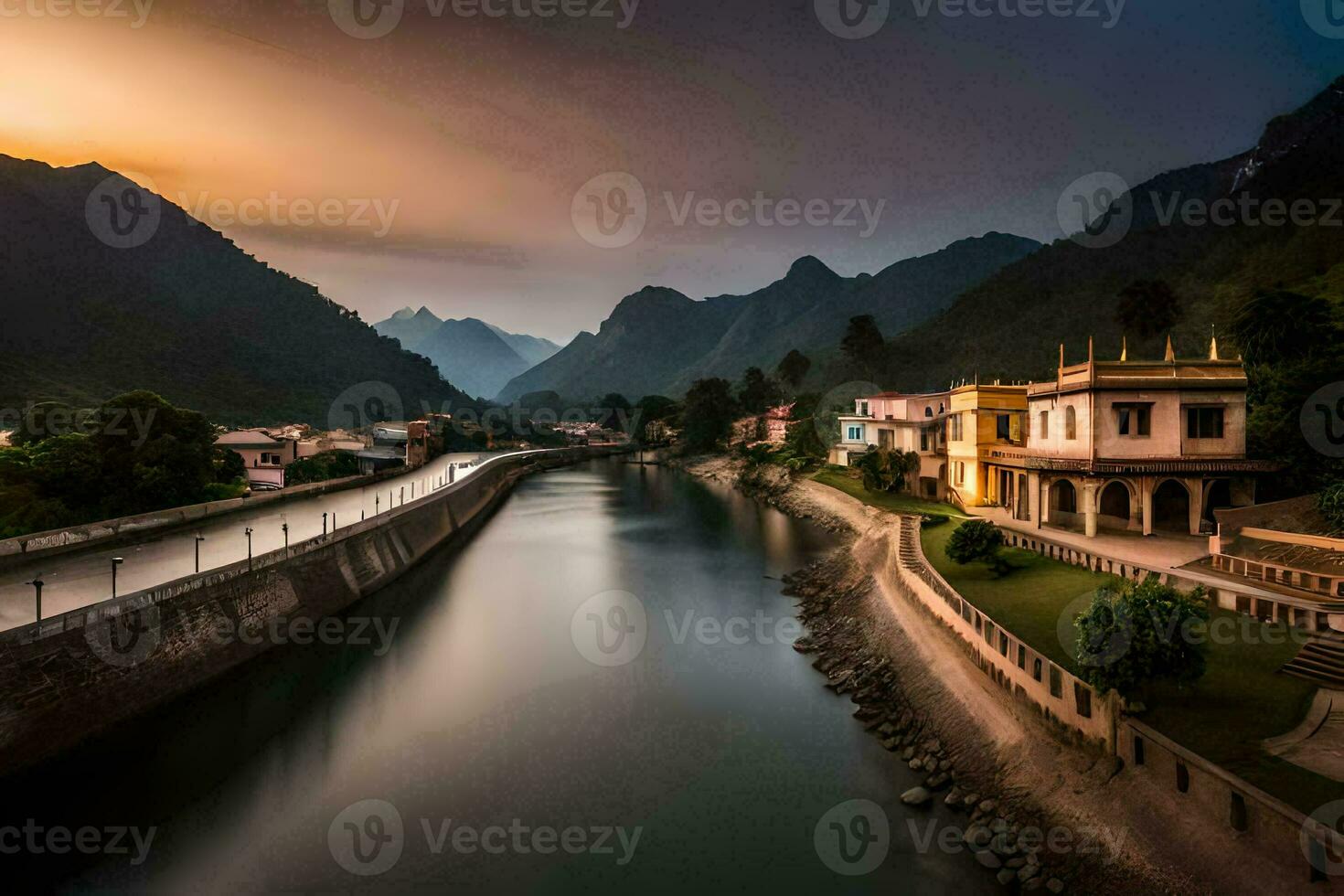 photo wallpaper the sky, mountains, river, house, river, the sky, the mountains,. AI-Generated