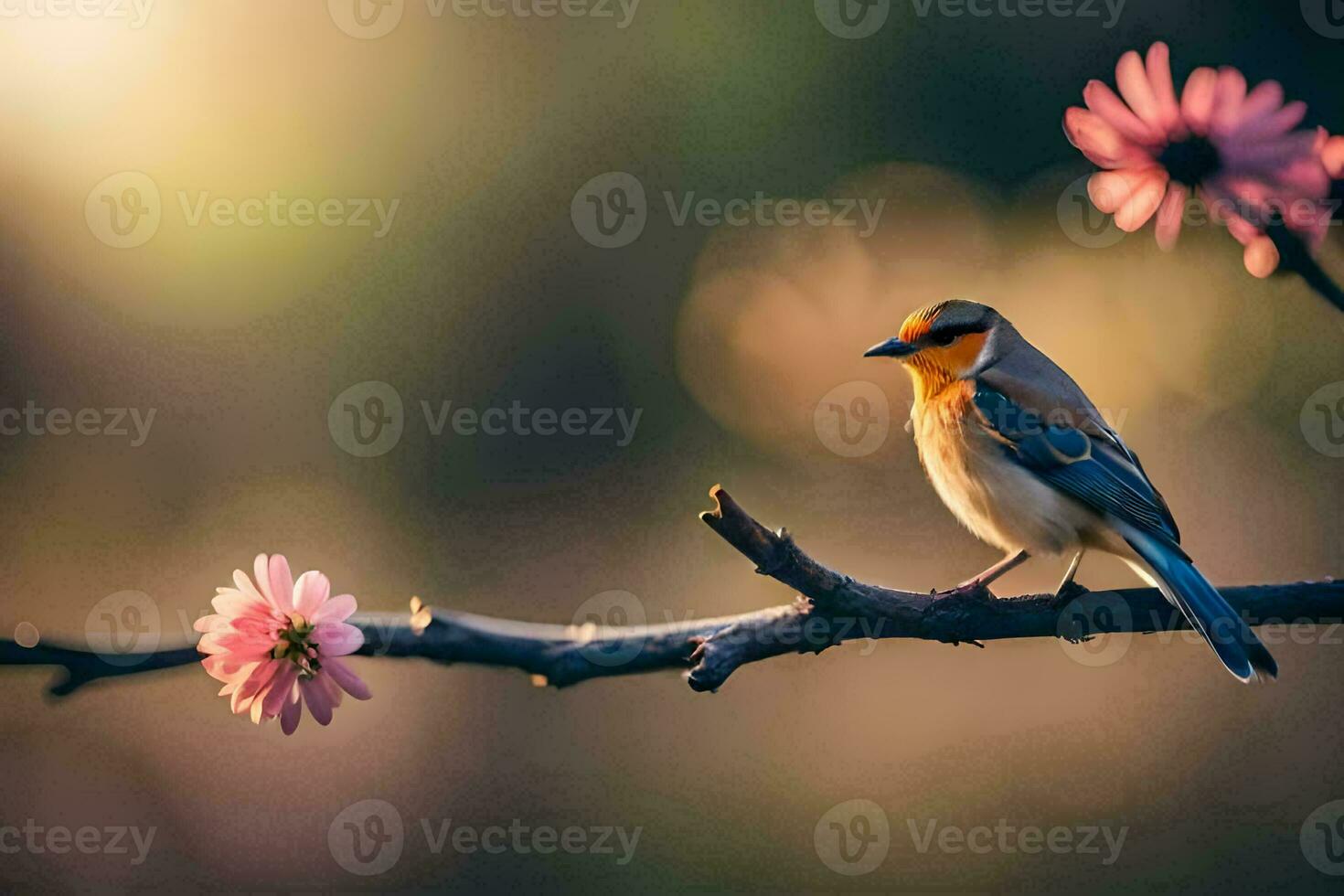 a bird sits on a branch with pink flowers. AI-Generated photo