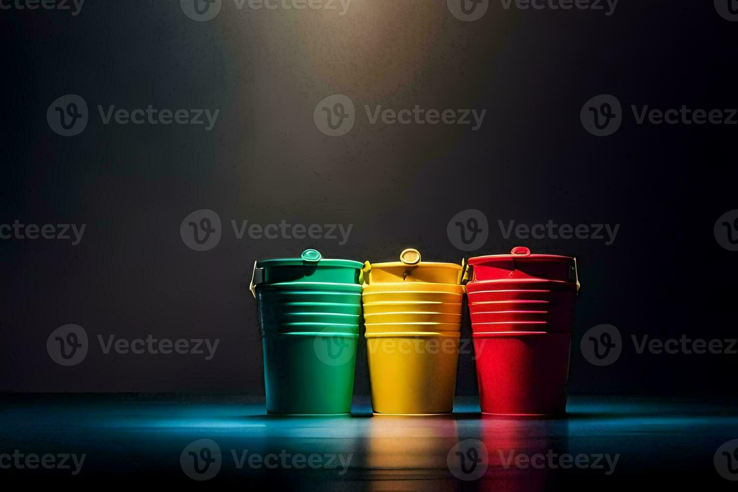 three colorful plastic cups on a dark surface. AI-Generated photo