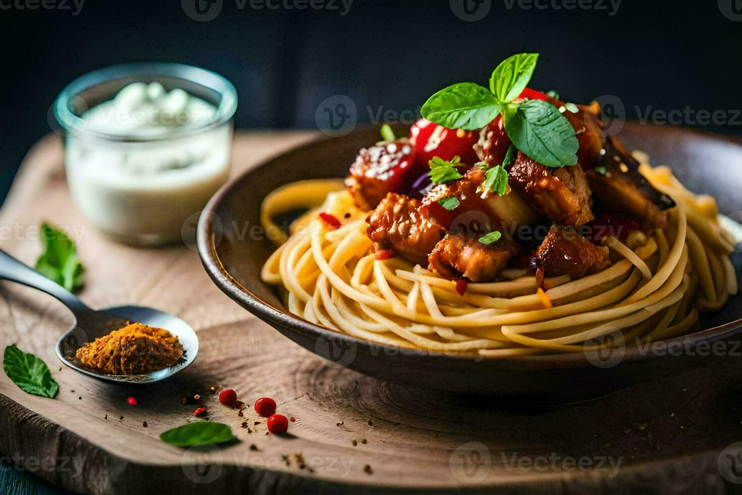 espaguetis con carne y salsa en un bol. generado por ai foto