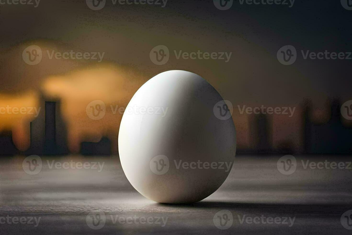 an egg on a table with a city in the background. AI-Generated photo