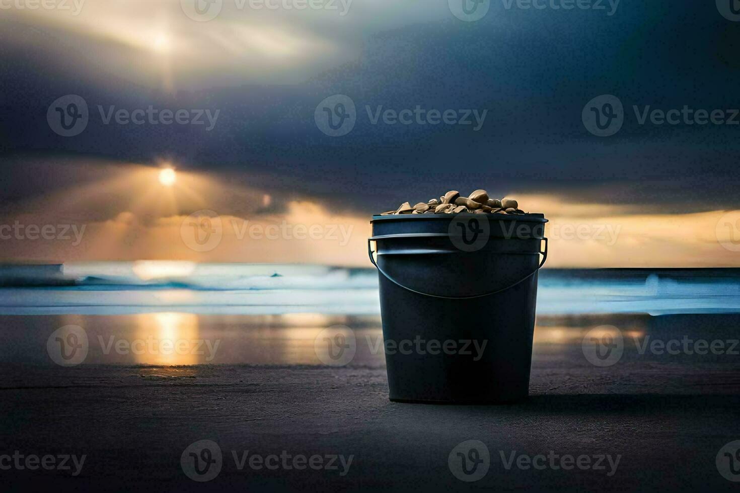 a bucket of peanuts on the beach. AI-Generated photo