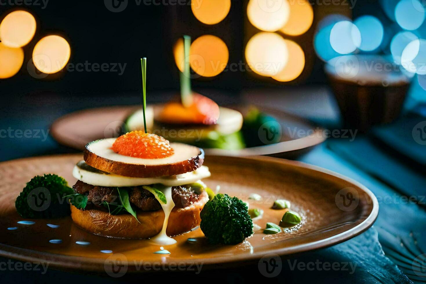a plate with a burger and broccoli on it. AI-Generated photo