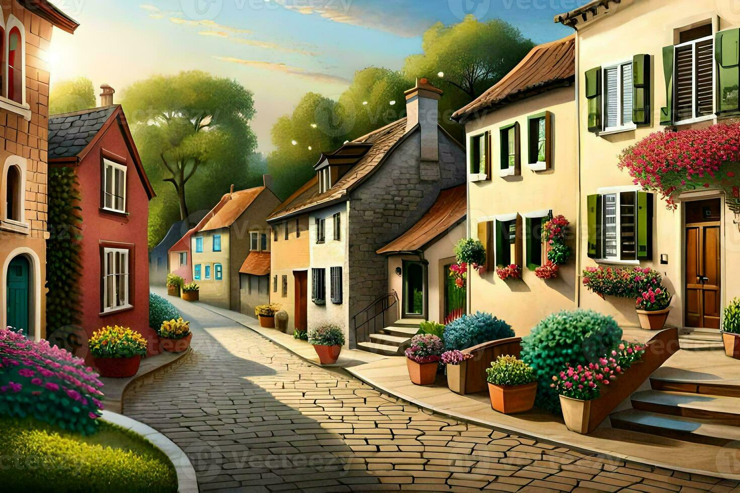 an illustration of a street in a small town. AI-Generated photo