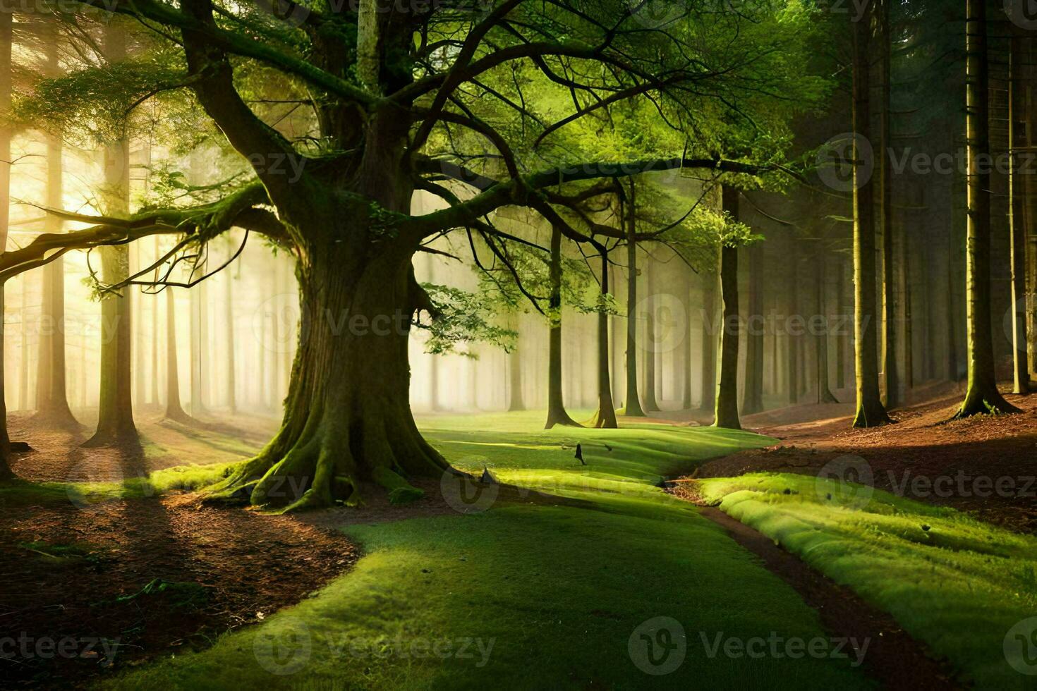 un árbol en el bosque con luz de sol brillante mediante él. generado por ai foto