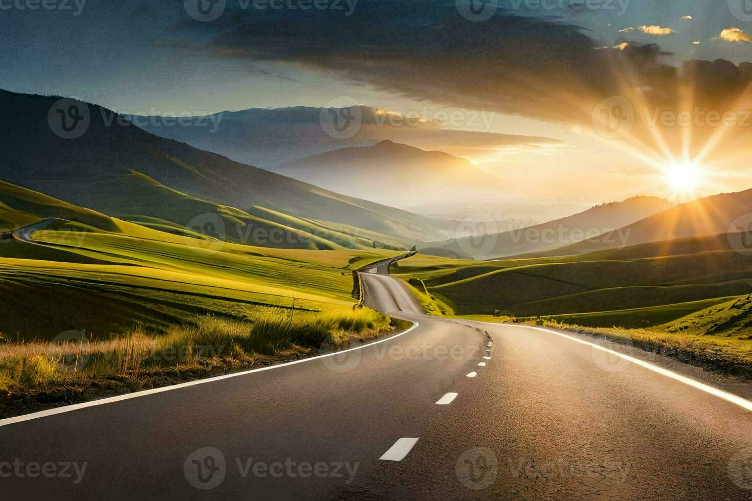 the sun shines over a road in the mountains. AI-Generated photo