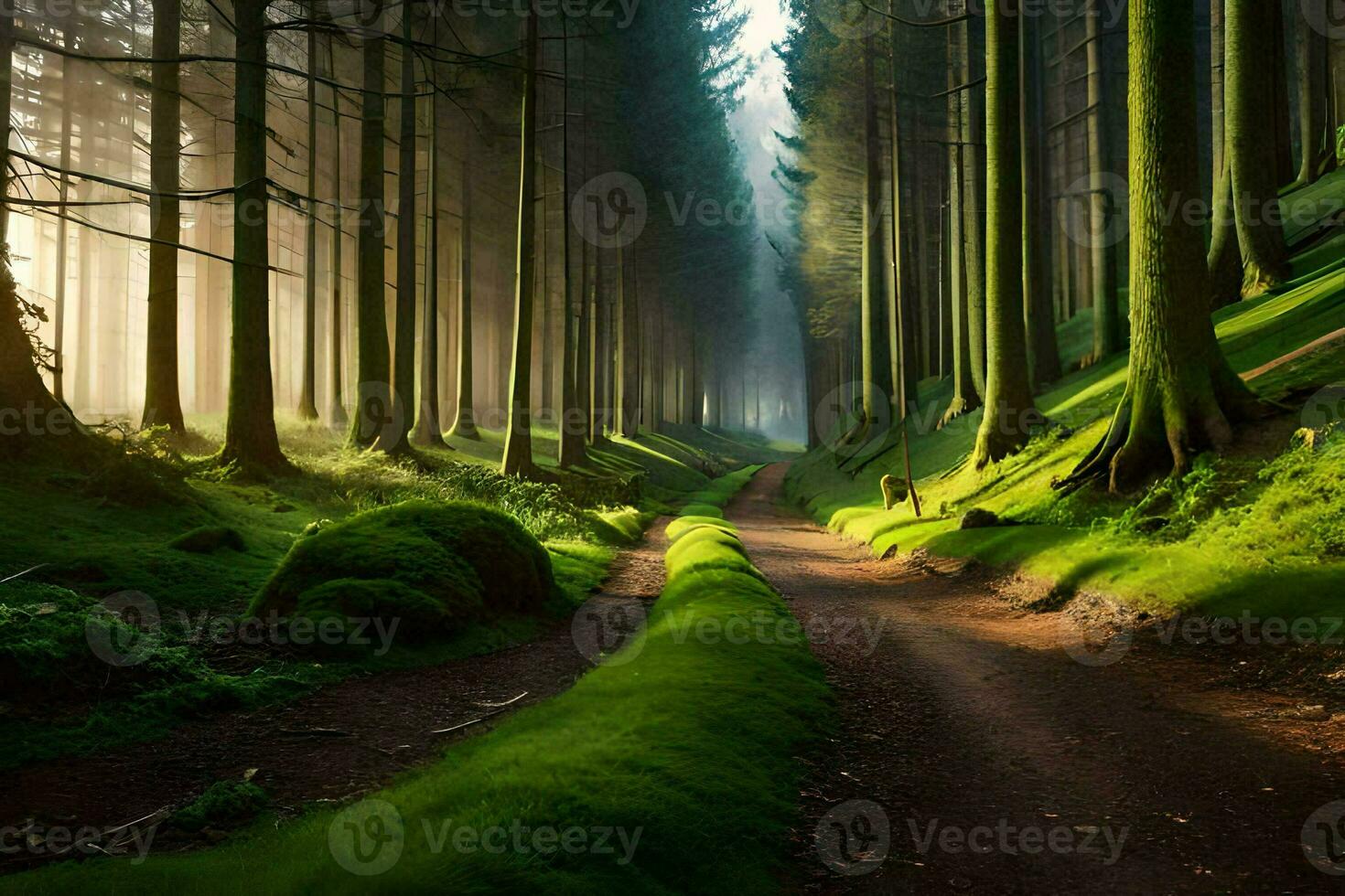 a dirt road in the middle of a forest. AI-Generated photo