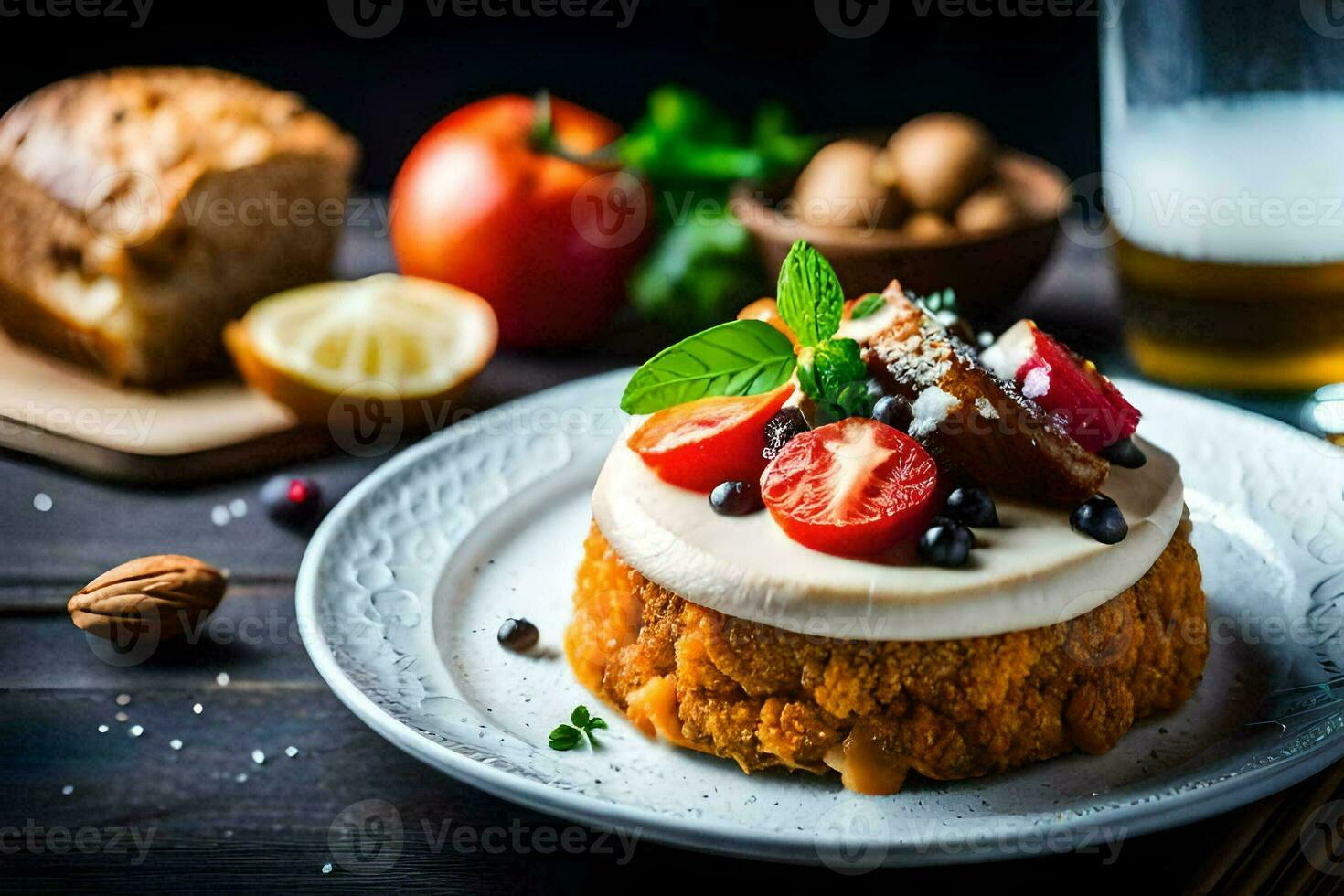 a dessert with tomatoes, cheese and bread on a plate. AI-Generated photo