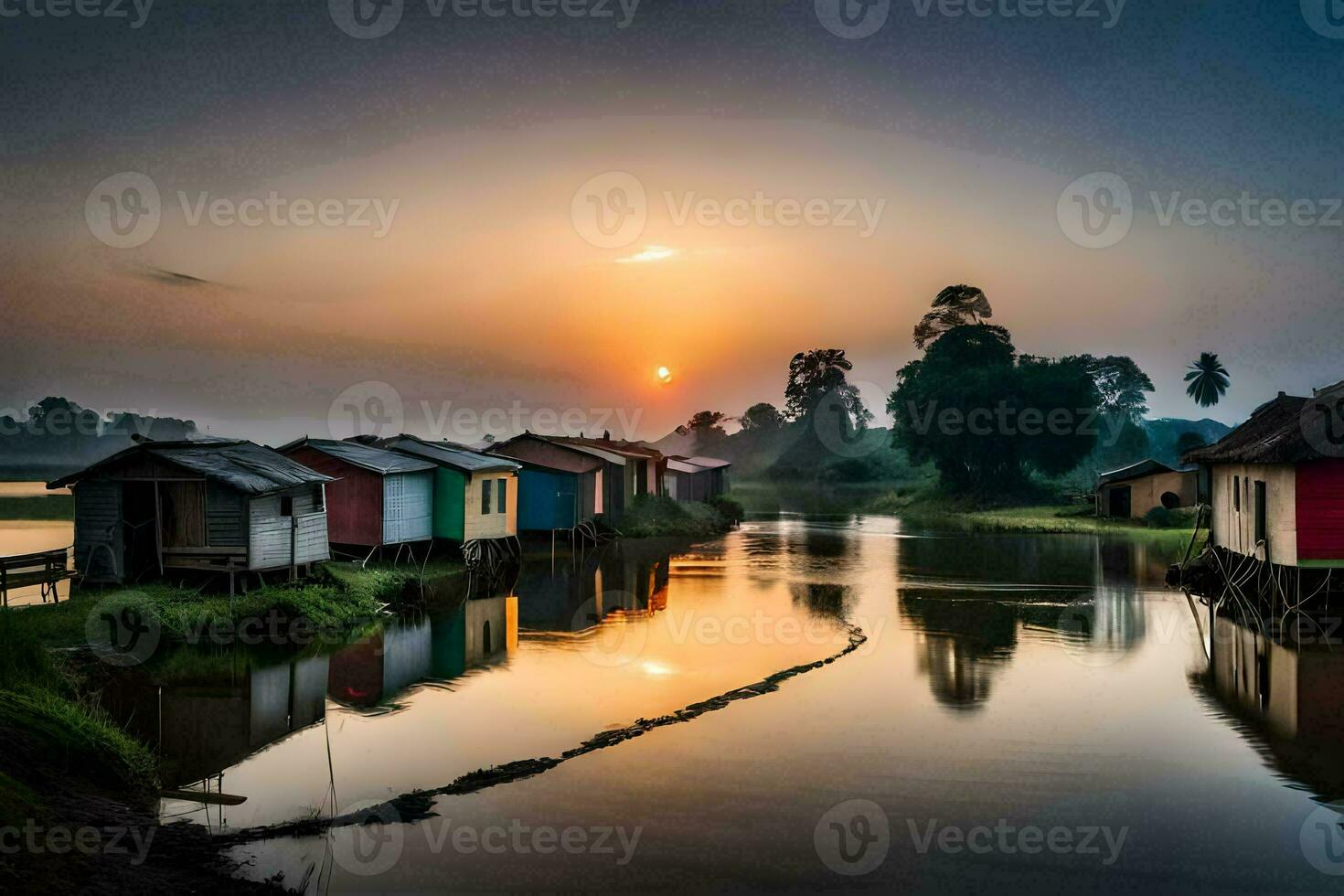 the sun sets over a river and several small wooden houses. AI-Generated photo