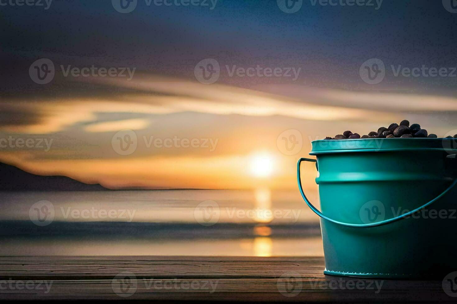 a bucket of coffee beans on a wooden table in front of the sunset. AI-Generated photo