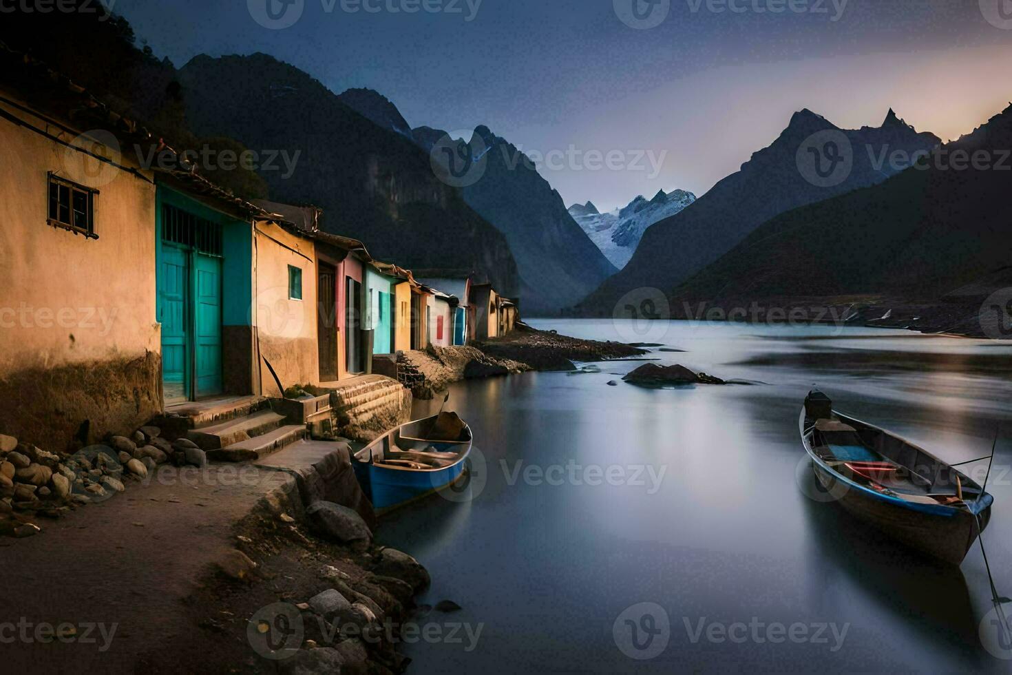 boats sit on the shore of a river with mountains in the background. AI-Generated photo