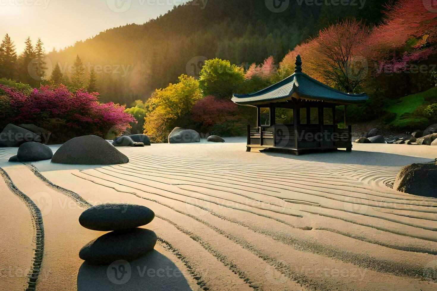 a pagoda sits in the sand with rocks and trees. AI-Generated photo