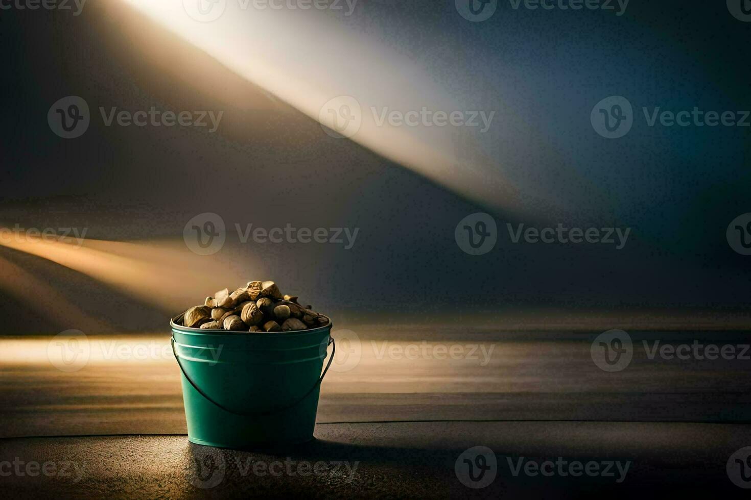 un Cubeta lleno con nueces en un mesa. generado por ai foto