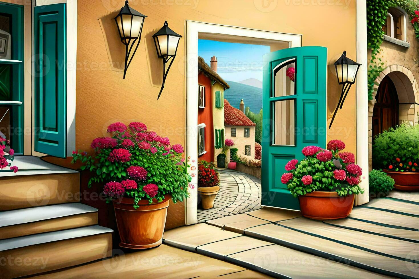 a painting of a street with flowers and a door. AI-Generated photo