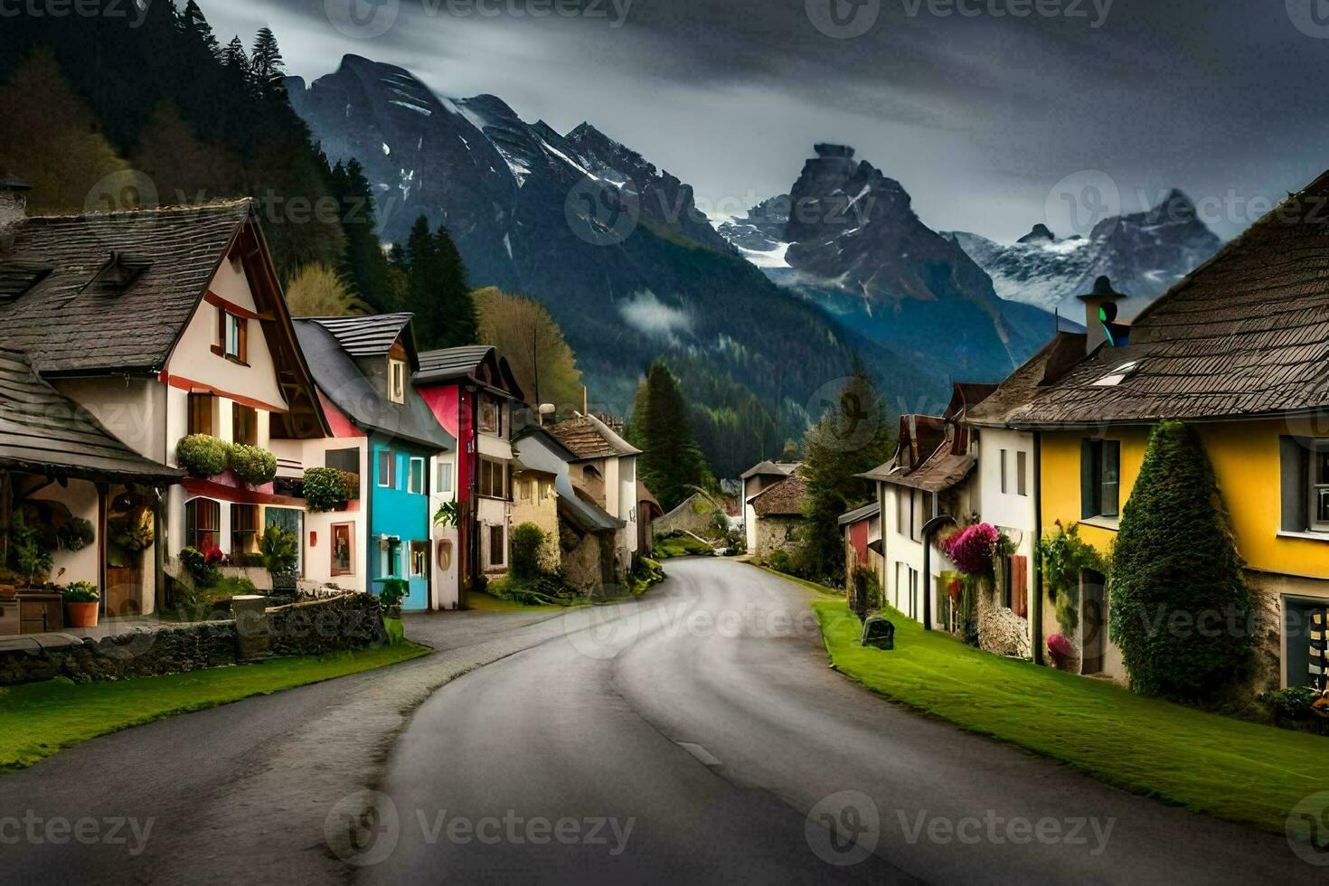a road in the mountains with colorful houses. AI-Generated photo