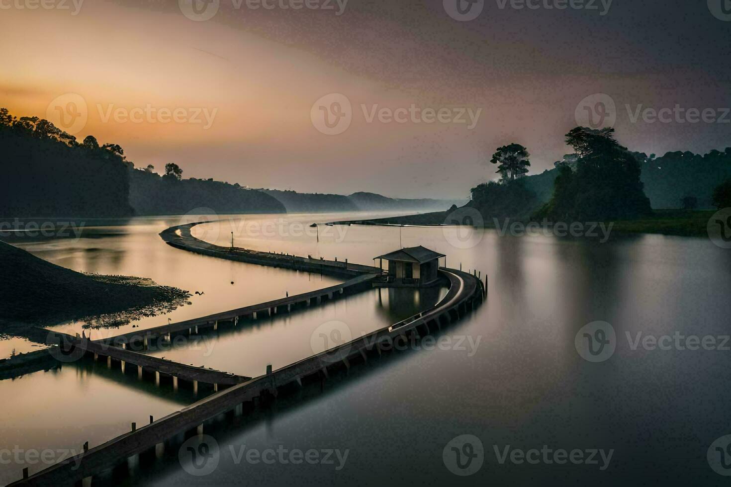 a long exposure photograph of a bridge over a river. AI-Generated photo