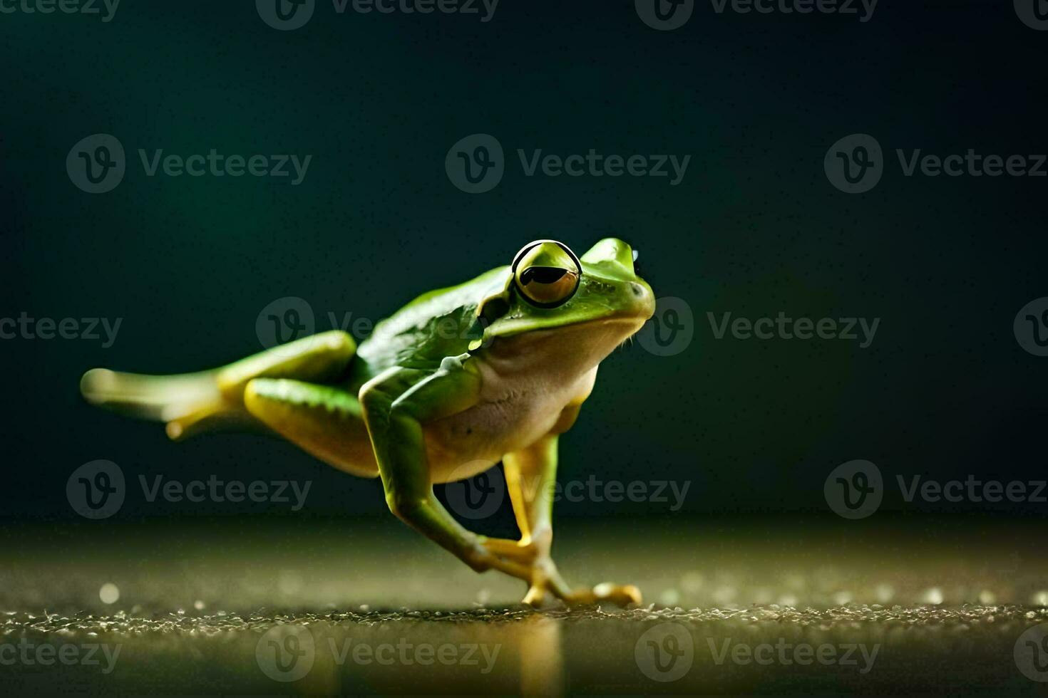 a frog is jumping on a dark background. AI-Generated photo
