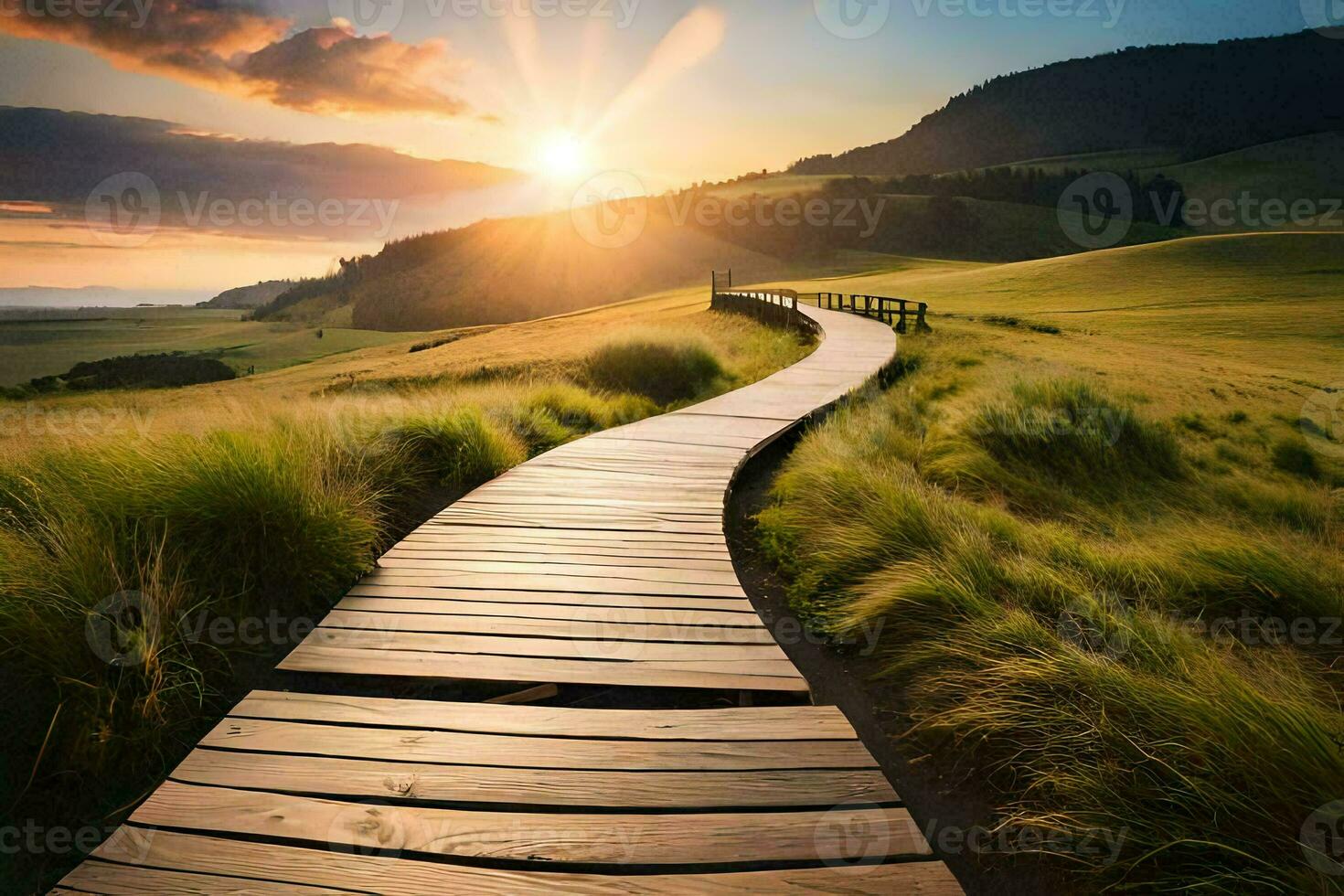 a wooden path leads to the sunset in the mountains. AI-Generated photo