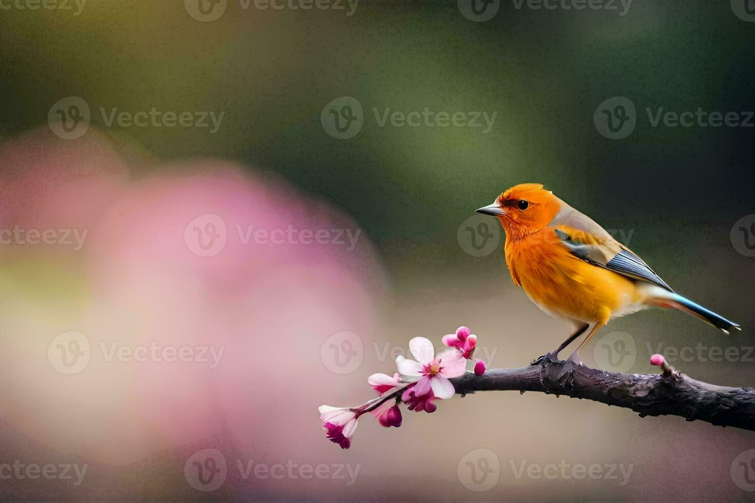 a small orange bird is perched on a branch with pink flowers. AI-Generated photo