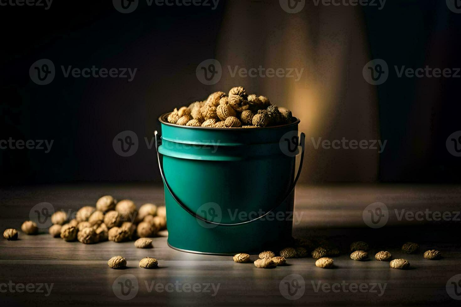 nutty peanuts in a green bucket. AI-Generated photo