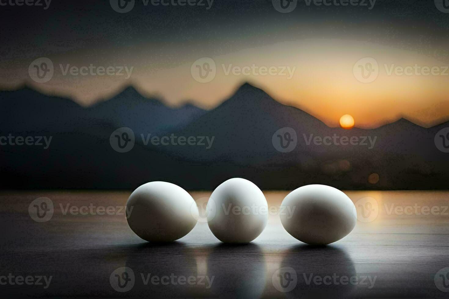 three eggs are sitting on a table with mountains in the background. AI-Generated photo