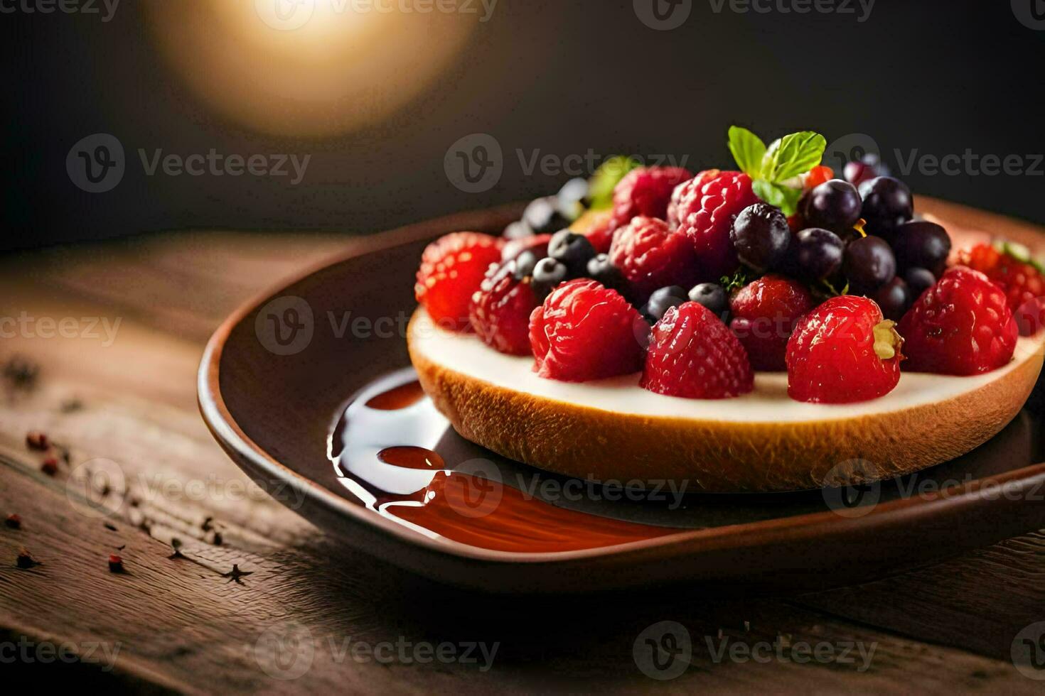 a dessert with berries and cream on a plate. AI-Generated photo