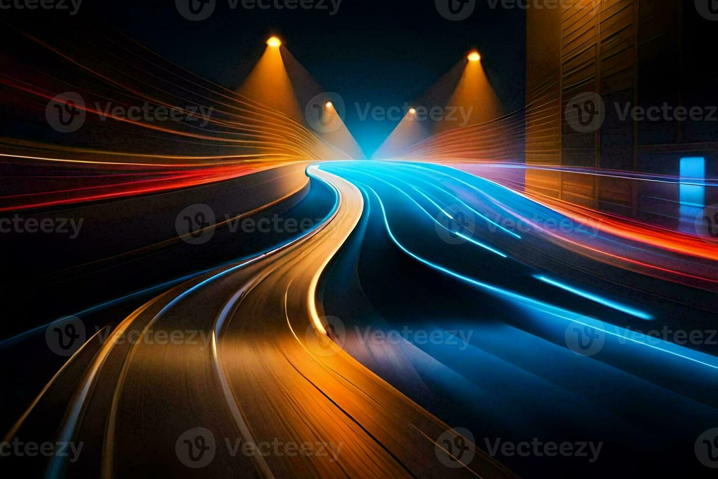 un largo exposición fotografía de un autopista a noche. generado por ai foto