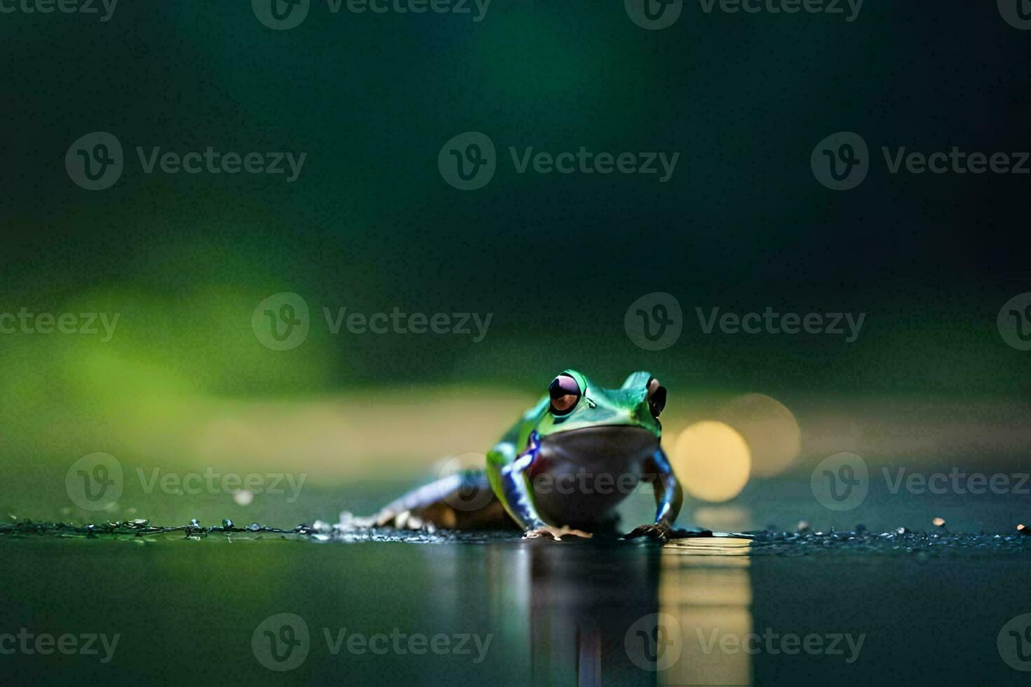 a frog sitting on the ground in the dark. AI-Generated photo
