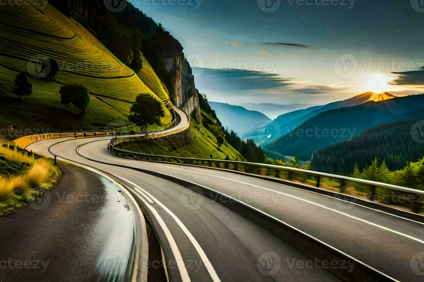 un devanado la carretera en el montañas con el Dom ajuste. generado por ai foto