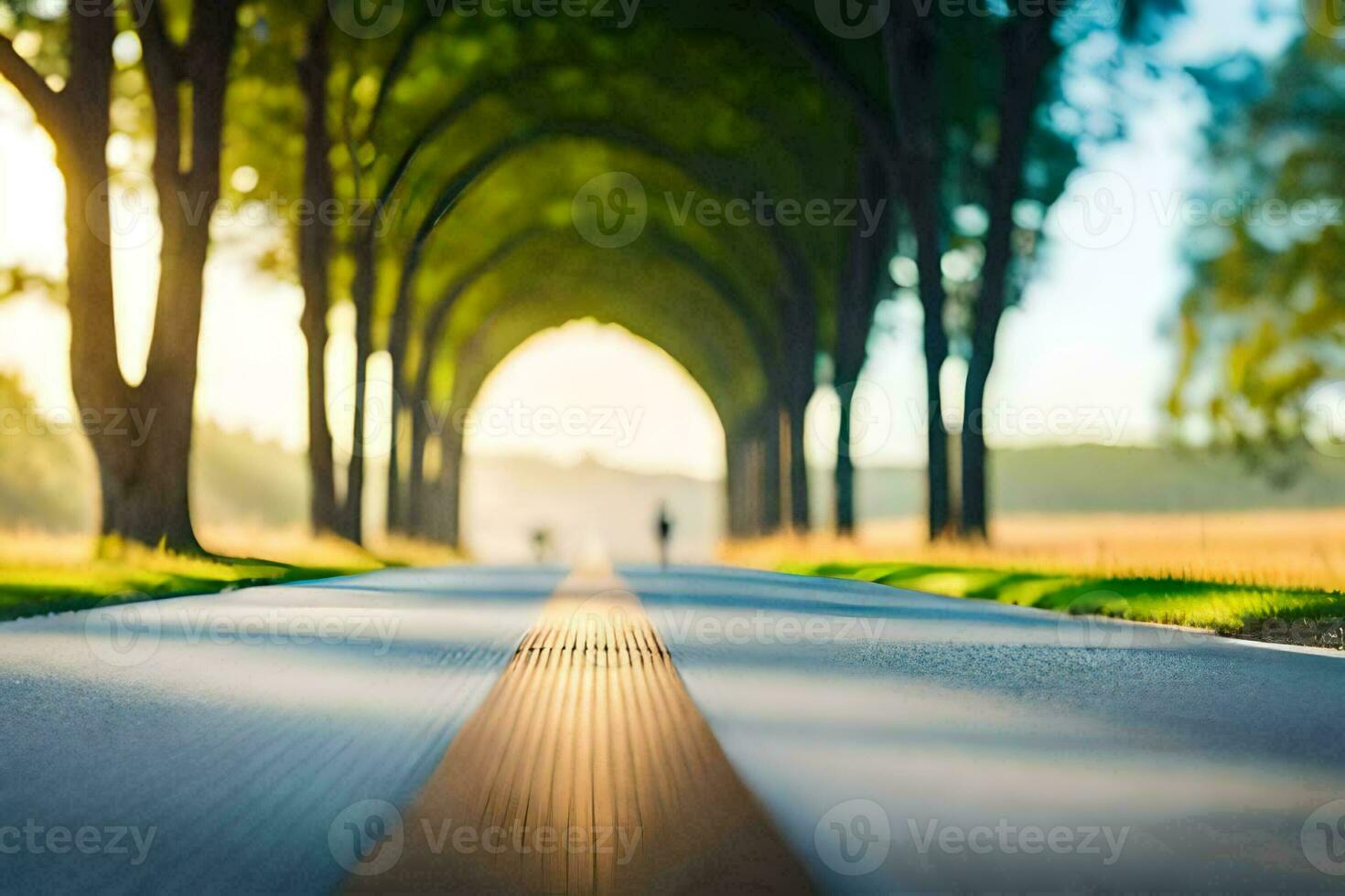 a road with trees and a man walking down it. AI-Generated photo