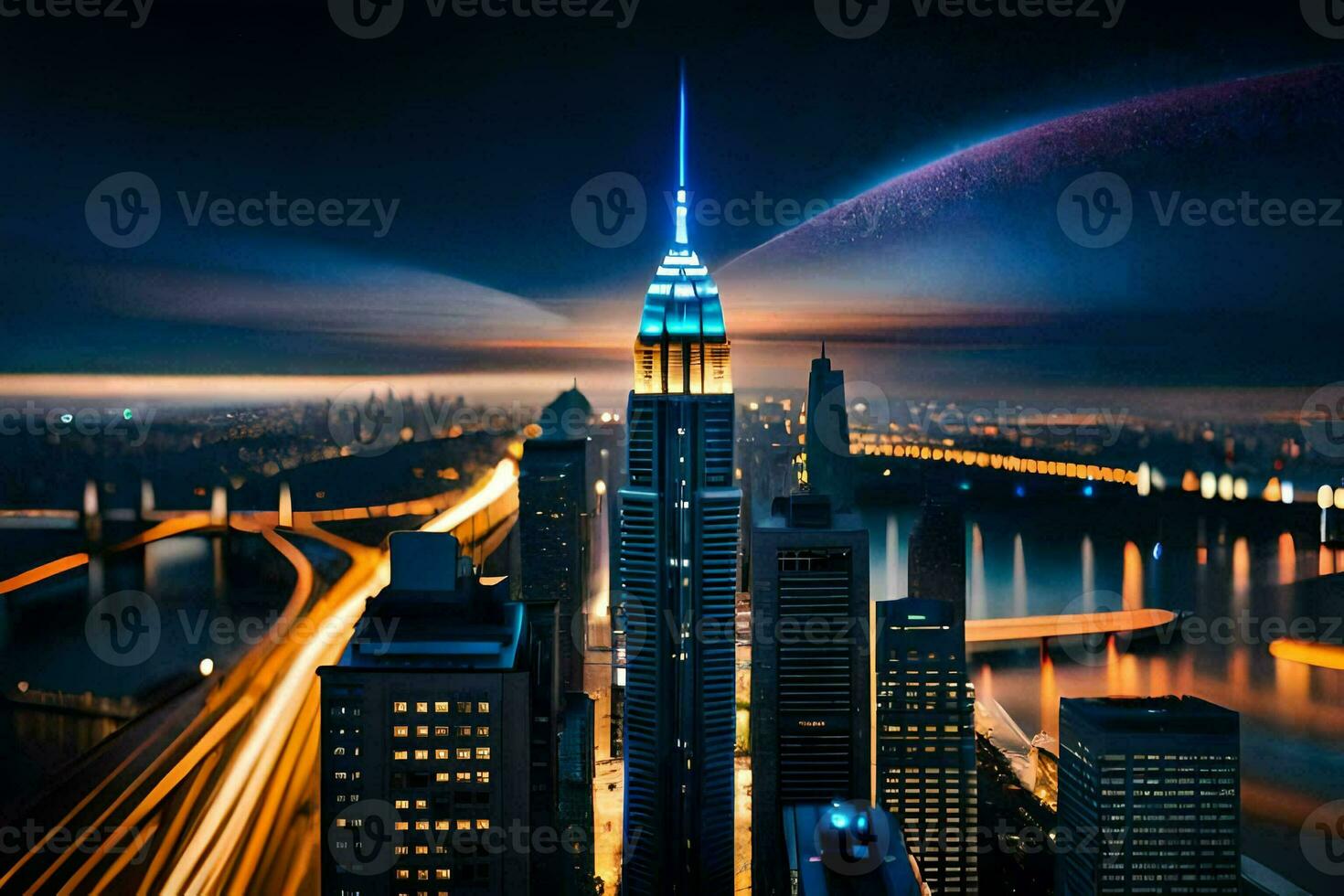 the empire state building is lit up at night. AI-Generated photo