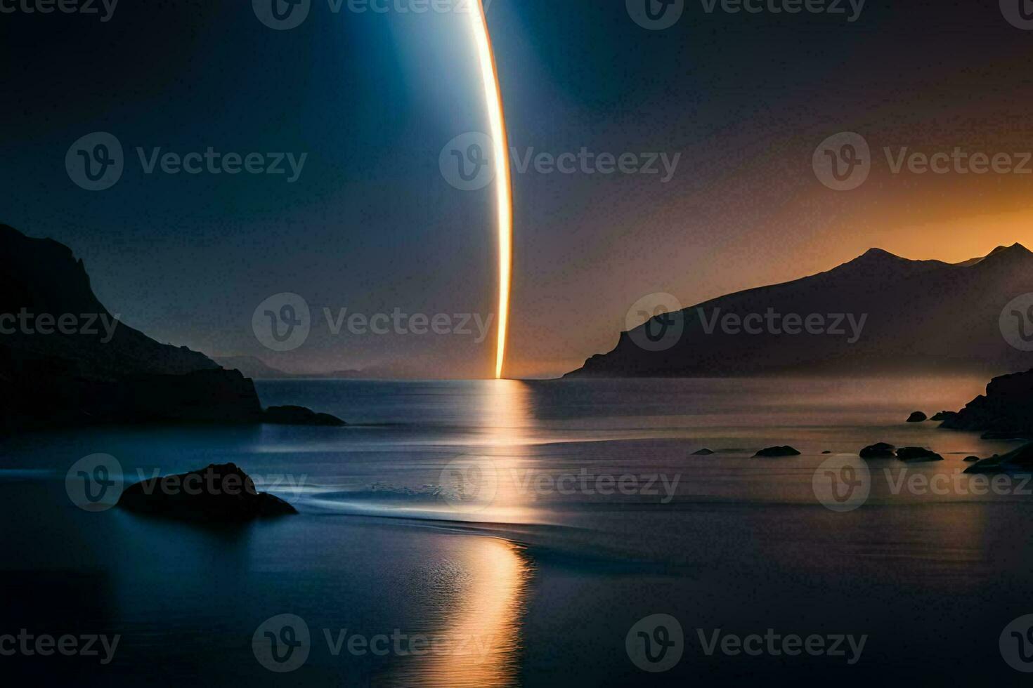 a rocket is seen in the sky as it travels across the ocean. AI-Generated photo